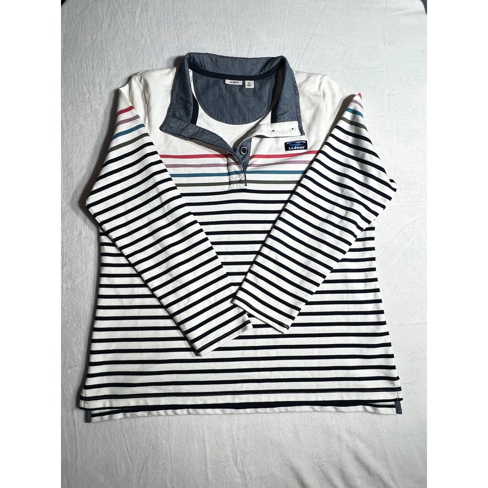 LL Bean Mens XL Striped Henley Rugby Shirt Long Sleeve Cotton White Navy 501241